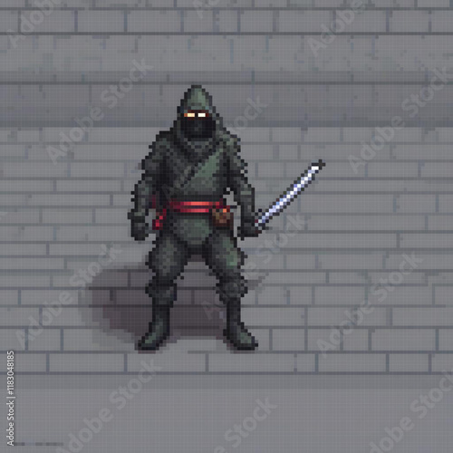 Ninja in pixel art, wielding a sword with stealth and precision.