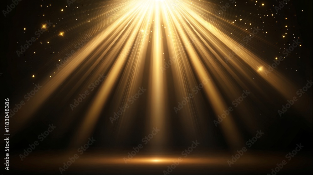 Radiant Golden Light Beams Spreading Through Dark Space Creating Sparkling Star Effect for Cinematic Background or Artistic Presentation