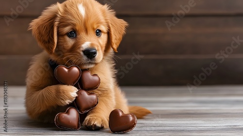 Super Cute Puppy Holding Heart Shaped Chocolates for Valentine s Day photo