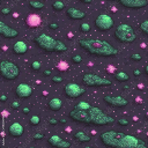 Vibrant pixel art featuring a purple backdrop adorned with green and pink stars.
