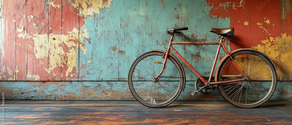Rustic red bicycle leans against weathered wall Rustic red bicycle leans against weathered wall