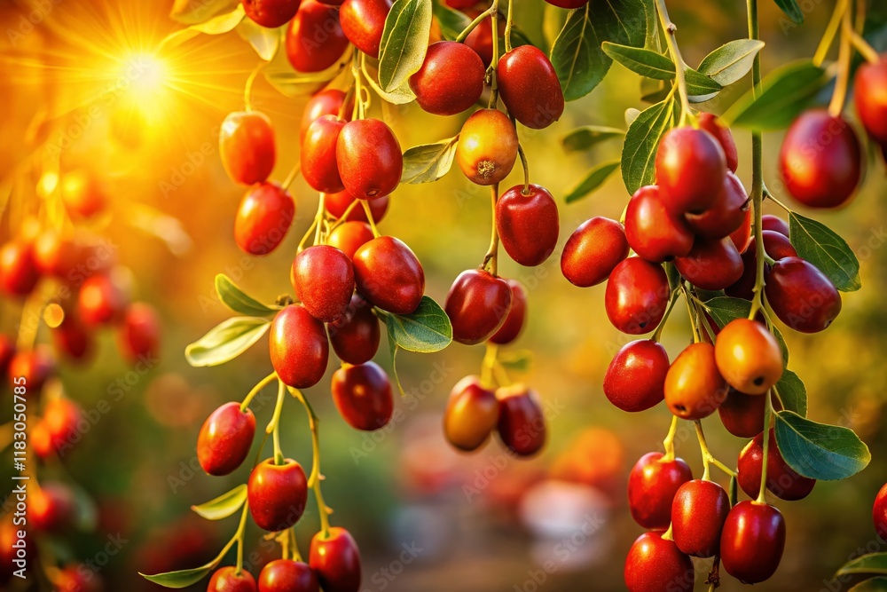 Long Exposure Harvest: Jujubes Hanging on Branch at Sunset, Red Dates, Chinese Dates, Ziziphus Jujuba Long Exposure Harvest: Jujubes Hanging on Branch at Sunset, Red Dates, Chinese Dates, Ziziphus Jujuba