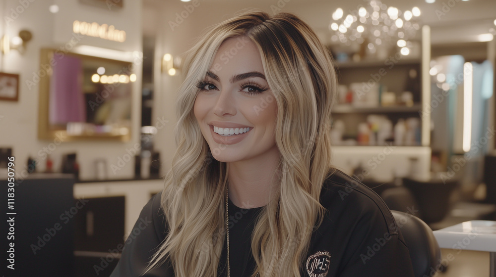 Fototapeta premium Happy Blonde with Long Curls Smiling