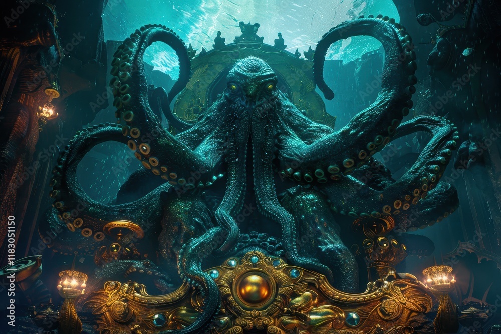 Obraz premium Kraken Sitting on Enormous Golden Throne in Underwater Scene