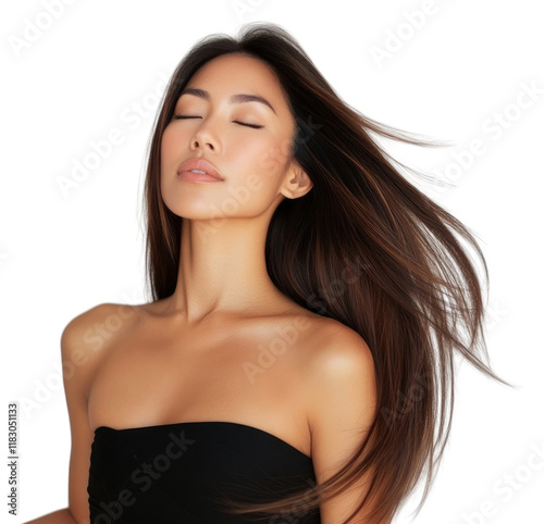 PNG A beautiful South East Asian woman with long brown straight hair photography strapless portrait.