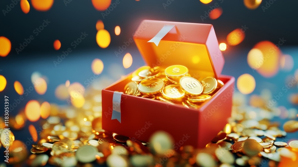 3D open gift box surprise with gold coins. loyalty program and get rewards, Money prize reward. Casino or Online game winner. 3d rendering. Vector illustration 3D open gift box surprise with gold coins. loyalty program and get rewards, Money prize reward. Casino or Online game winner. 3d rendering. Vector illustration