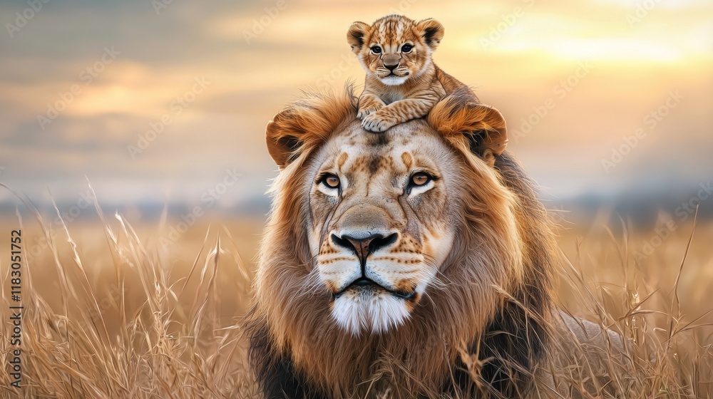 Majestic African Lion and Cub in Golden Savanna Sunset Majestic African Lion and Cub in Golden Savanna Sunset