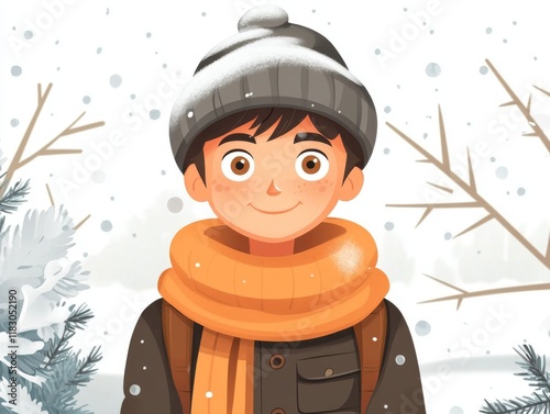 Cartoon Character in Winter Outfit with Snowy Background photo