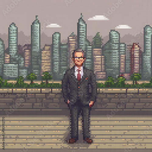 Pixel art of a businessman against a bustling cityscape.