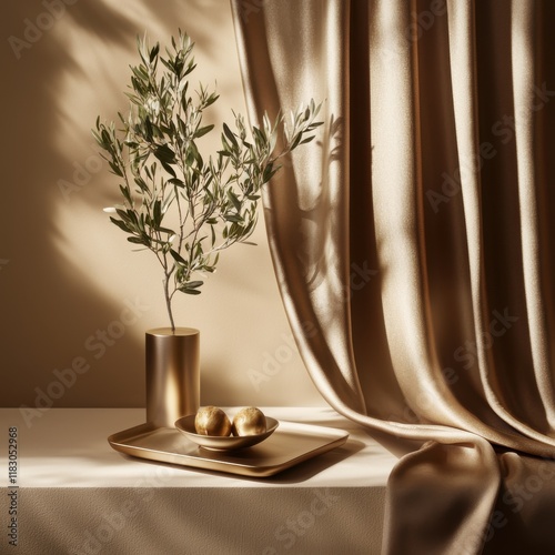 Elegant artistic product staging with plant and gold accents minimalist space soft lighting modern aesthetic photo