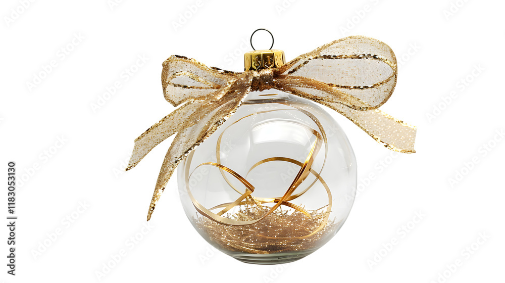 Fototapeta premium A white transparent ornament ball with ribbon isolated on white background