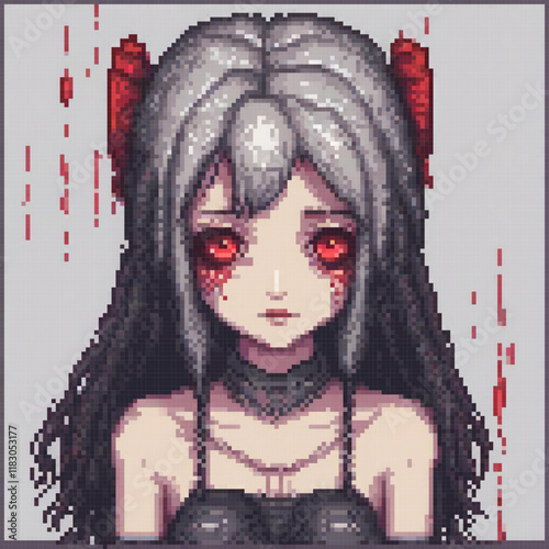 Pixel art cross stitch pattern featuring a girl with striking red eyes.