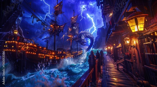 Fierce Battle Between Pirate Ship and Mythical Krake Creature photo