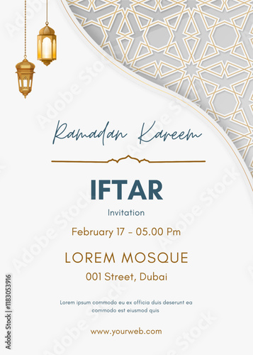 Iftar party invitation poster template for ramadan celebration. Ramadan Design vector illustration, islamic banner, flyer. Ramadan 2025.