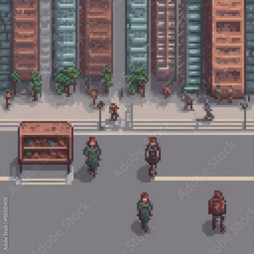 Pixel art city street scene with bustling pedestrians