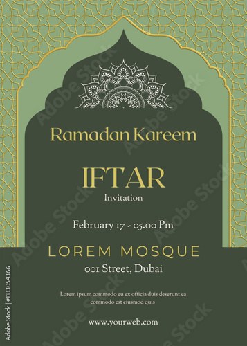 Iftar party invitation poster template for ramadan celebration. Ramadan Design vector illustration, islamic banner, flyer. Ramadan 2025.