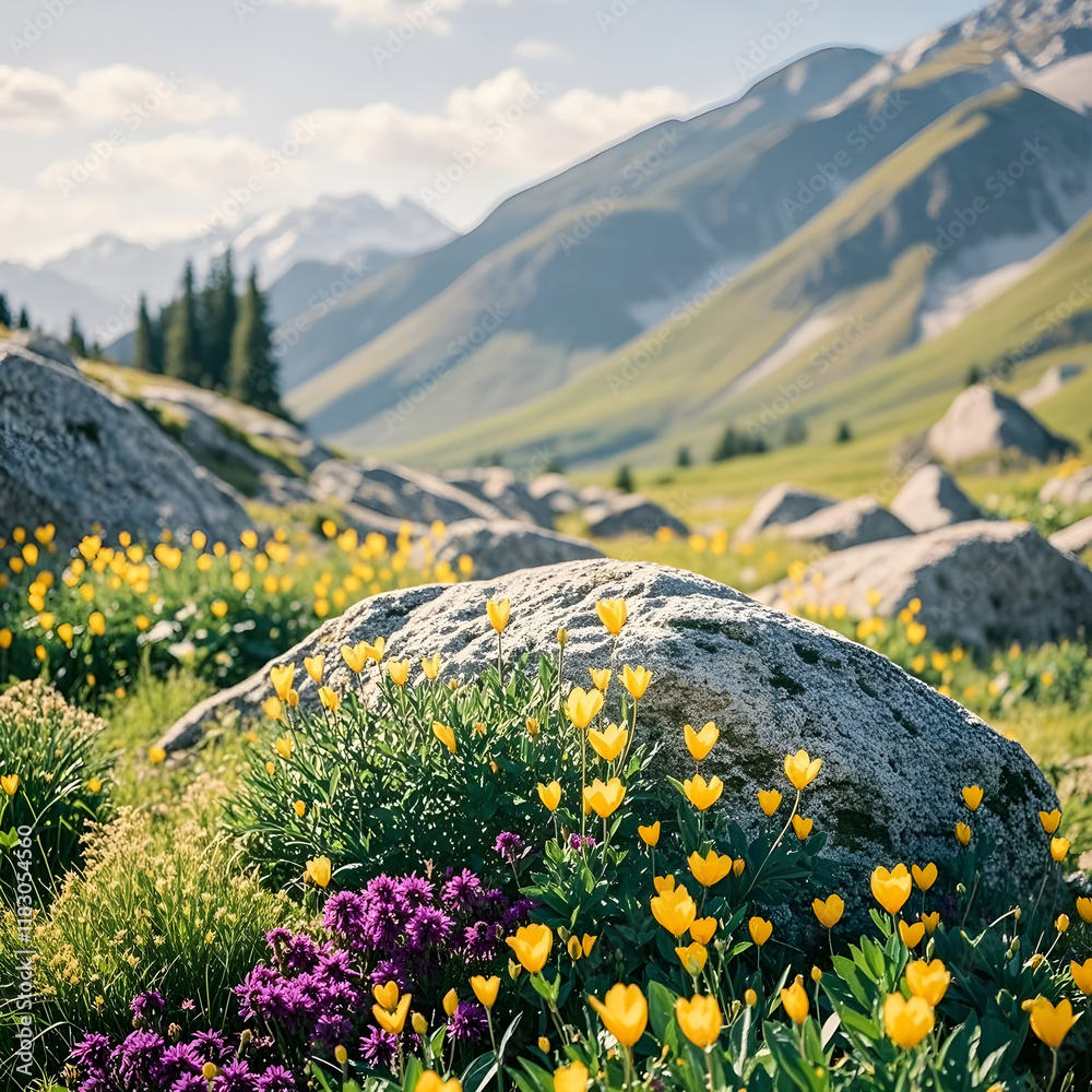 Obraz premium Beautiful spring flowers in mountains. Colorful meadow with yellow and violet flowers