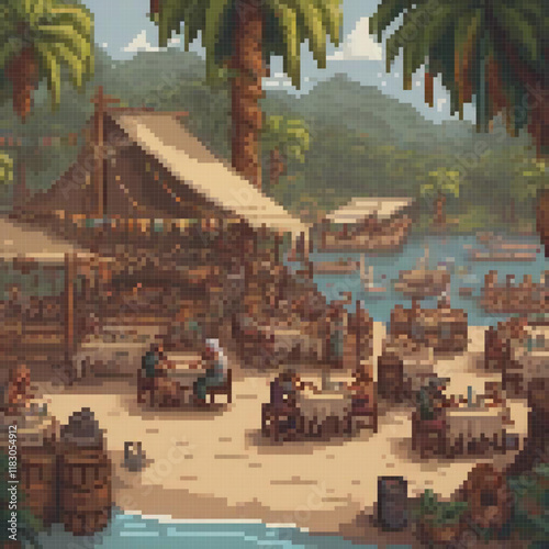 Pixel art depicting a serene beach with palm trees and leisurely diners.