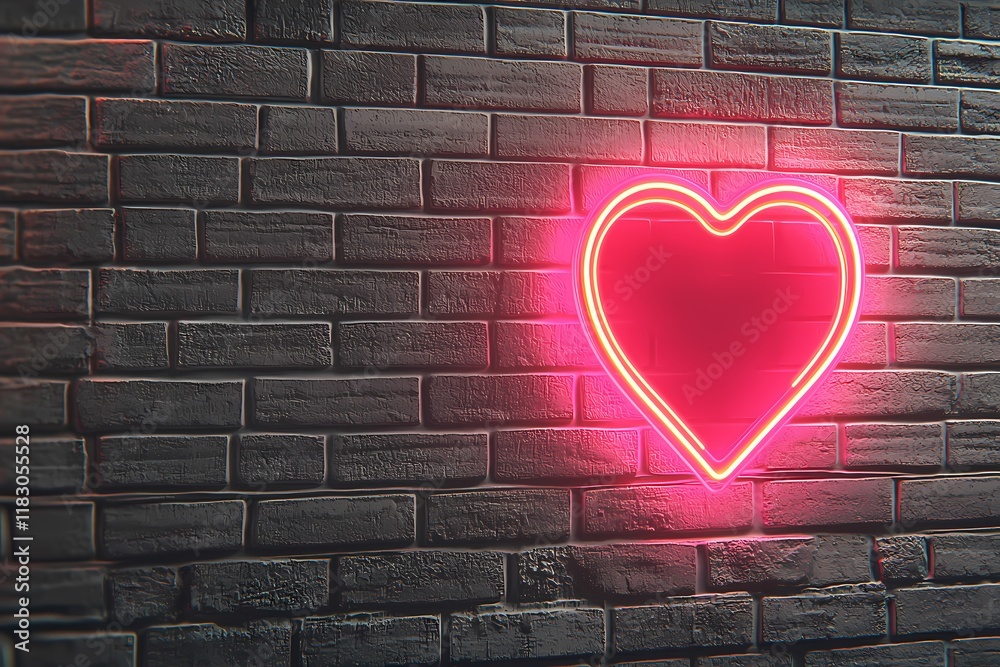 Neon Heart Sign Glow on Brick Wall Background for Love Themes Neon Heart Sign Glow on Brick Wall Background for Love Themes