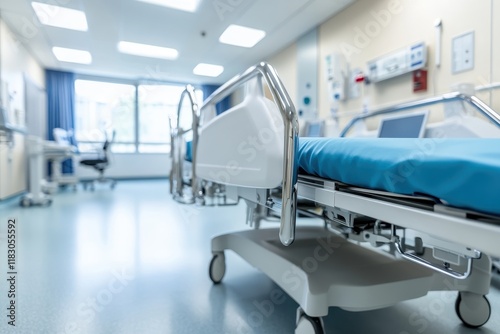 Hospital room bed, patient care, recovery, ward, healthcare, medical, clean, bright, modern, empty photo