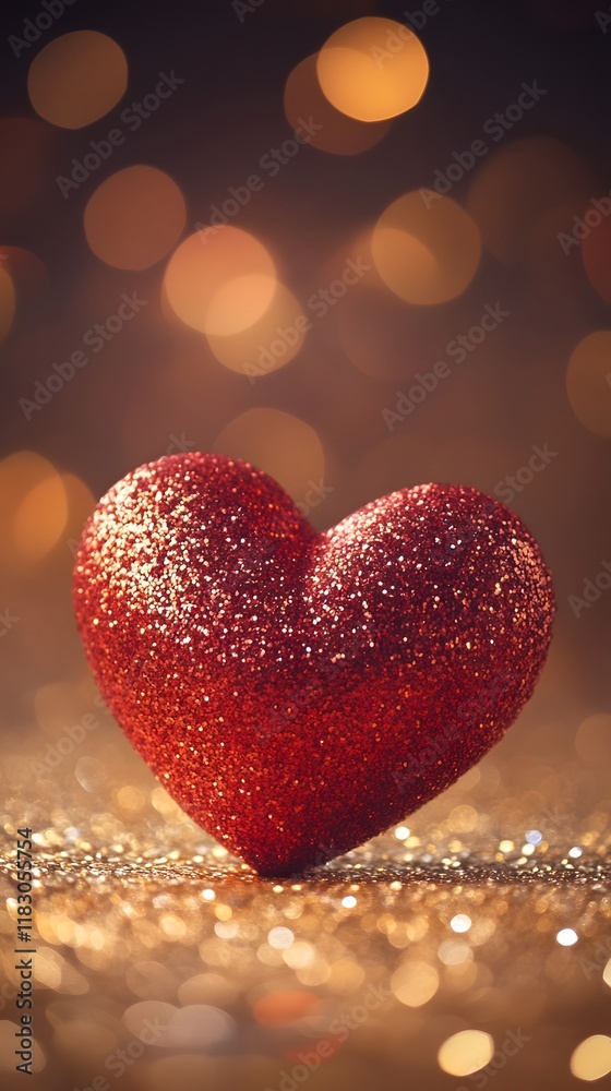 Fototapeta premium Shimmering Red Heart with Glittering Bokeh Lights in Warm Festive Tone for Valentine s Day