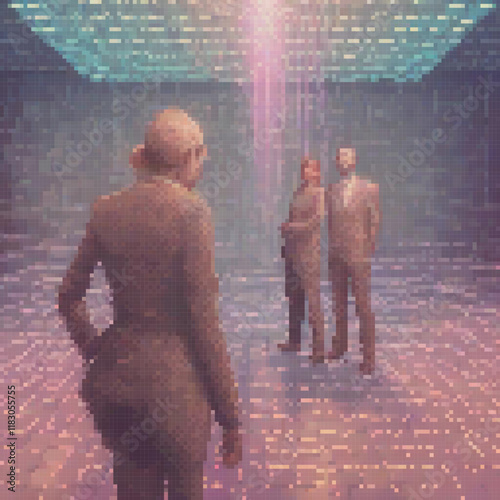 Pixel art of a businessman in a suit addressing an audience.