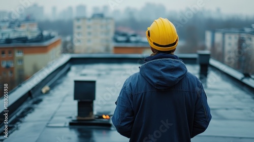 Worker in yellow hard hat on a rooftop, overseeing a city. Illustrates construction, inspection, or urban development themes.