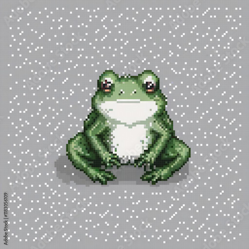 Vintage pixel art of a vibrant green frog perched on a pristine snowy landscape.