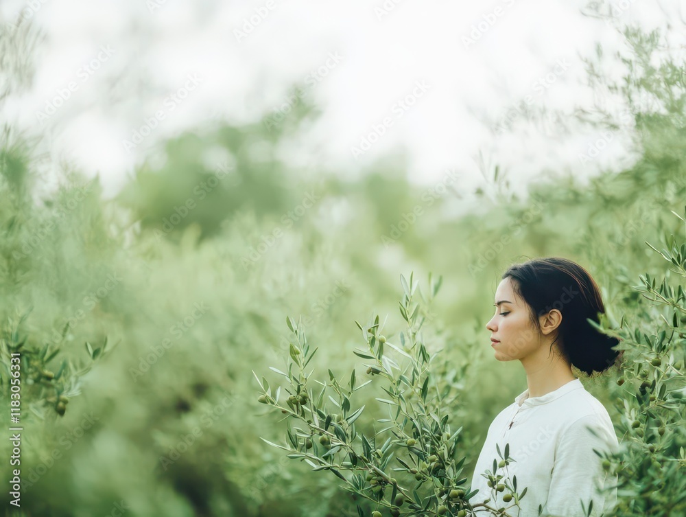 Female olive farmer in an orchard close up, focus on, copy space subtle olive tones, double exposure silhouette with olive trees Female olive farmer in an orchard close up, focus on, copy space subtle olive tones, double exposure silhouette with olive trees