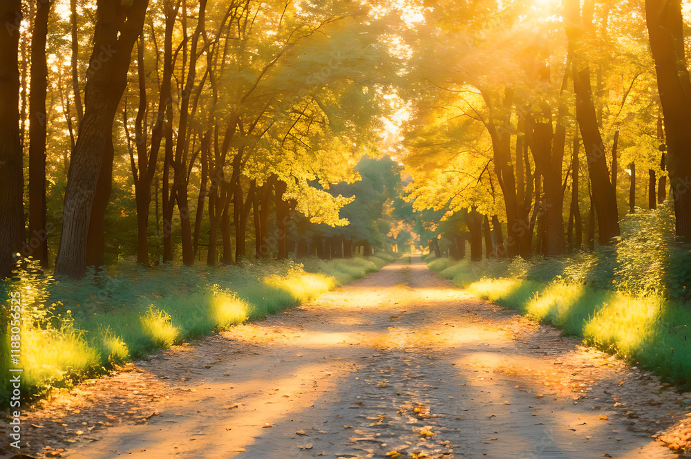 Obraz premium 森林の小道と夕焼け