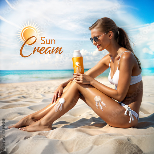 Woman sunbathing on yellow sand. Tanning cream advertising concept photo