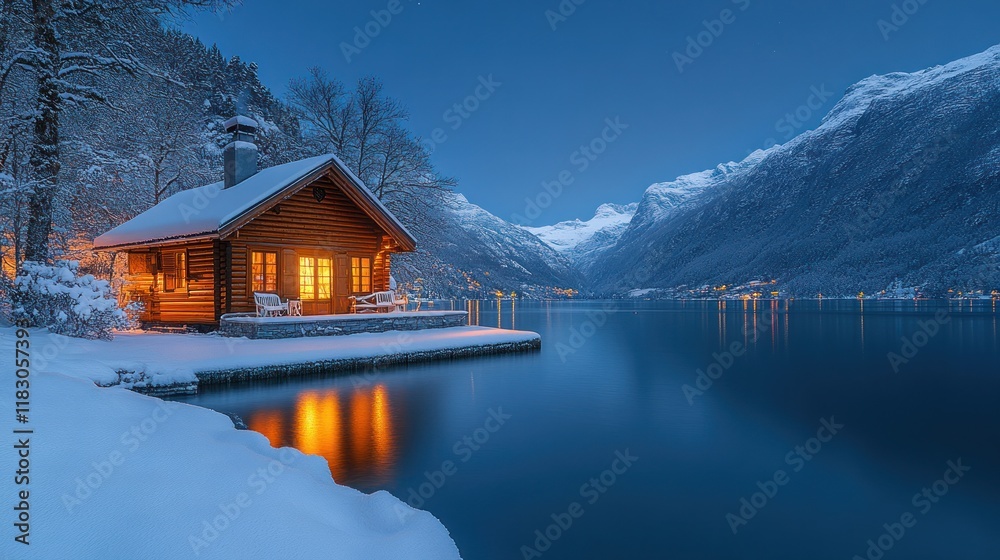 Fototapeta premium Cozy wooden cabin on snowy lake at night.