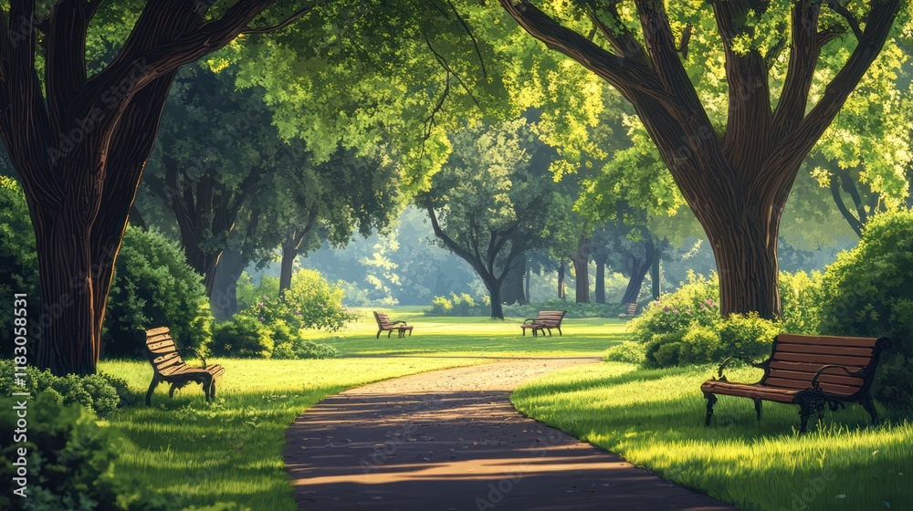 Fototapeta premium Sunlit park path with benches and lush greenery.