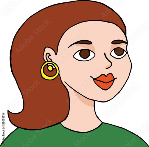 smiling girl with fair skin with plump lips and long brown hair with a gold earring in her ear in green clothes