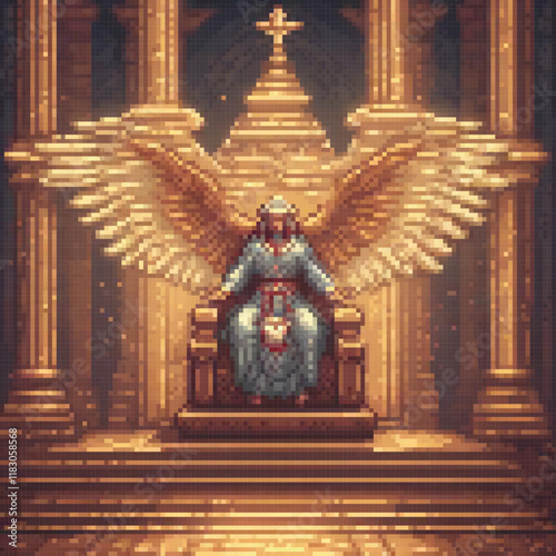 Angelic pixel art throne in a sacred church setting.