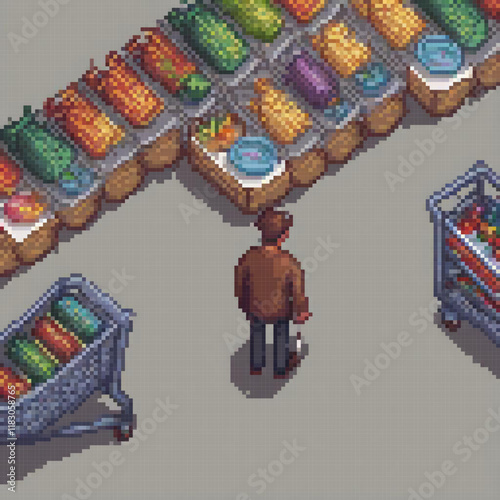 Pixel art of a man at a bustling grocery store, surrounded by an abundance of food.