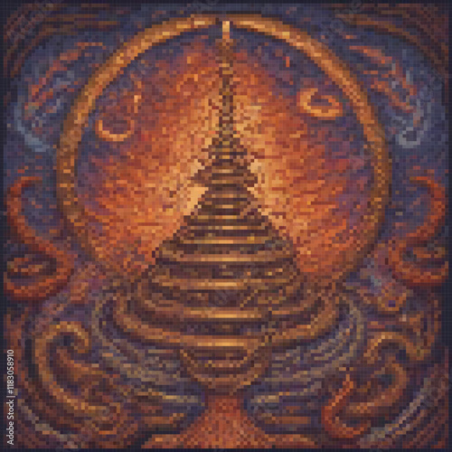 Stunning pixel art cross stitch pattern featuring a pagoda in a circular setting.