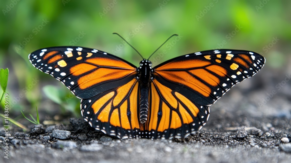Fototapeta premium Close-up of a monarch butterfly on the ground, wings spread wide. Perfect for nature, wildlife, or insect-themed projects needing a vibrant image.