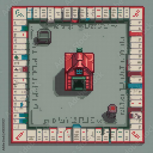 Pixel art game board featuring a charming red house.