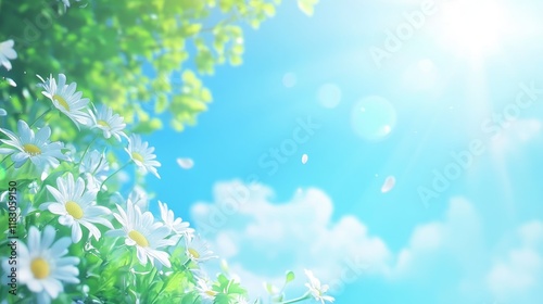 Soft Sunlight Illuminates a Field of Daisies Under a Bright Blue Sky Surrounded by Lush Green Foliage and Glistening Petals