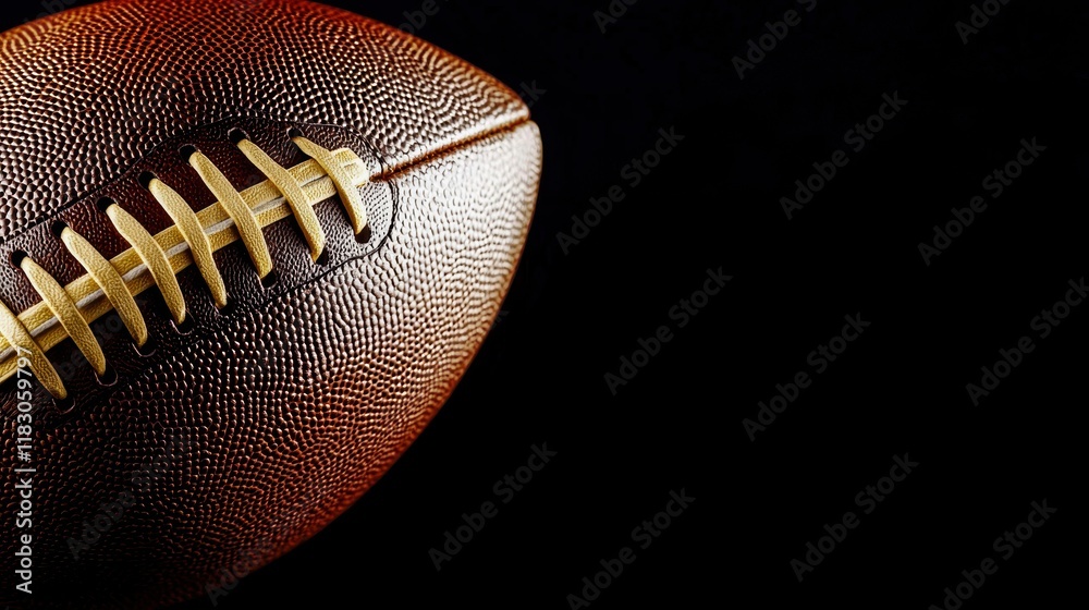 A close-up of a textured football against a dark background, highlighting its laces and detailed surface. A close-up of a textured football against a dark background, highlighting its laces and detailed surface.