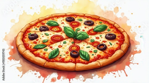 Ilustração vibrante e dinâmica de uma pizza deliciosa, com uma crosta perfeitamente crocante e uma variedade de coberturas de dar água na boca photo