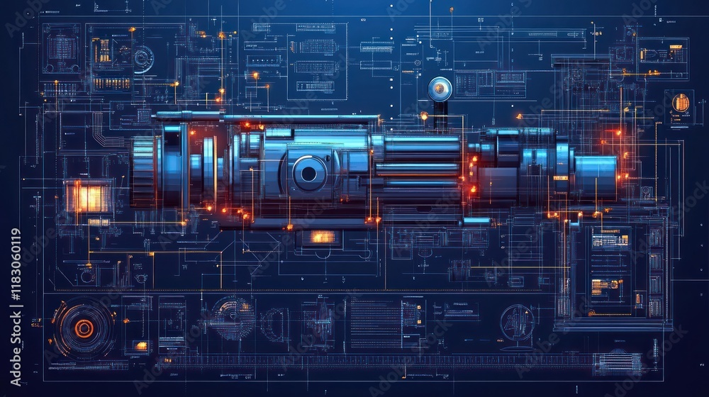 Fototapeta premium Futuristic tech device blueprint with internal components and wiring diagram.