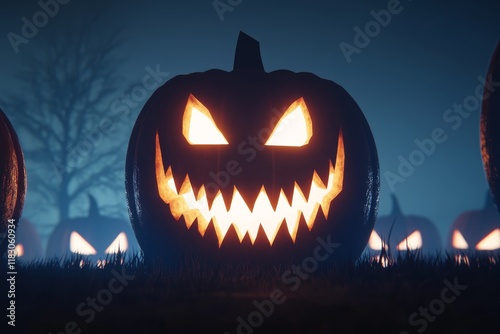 Spooky Halloween Pumpkin with Grim Face Illuminated in a Dark Foggy Night Landscape Surrounded by Eerie Jack-o'-Lanterns and Gloomy Atmosphere photo