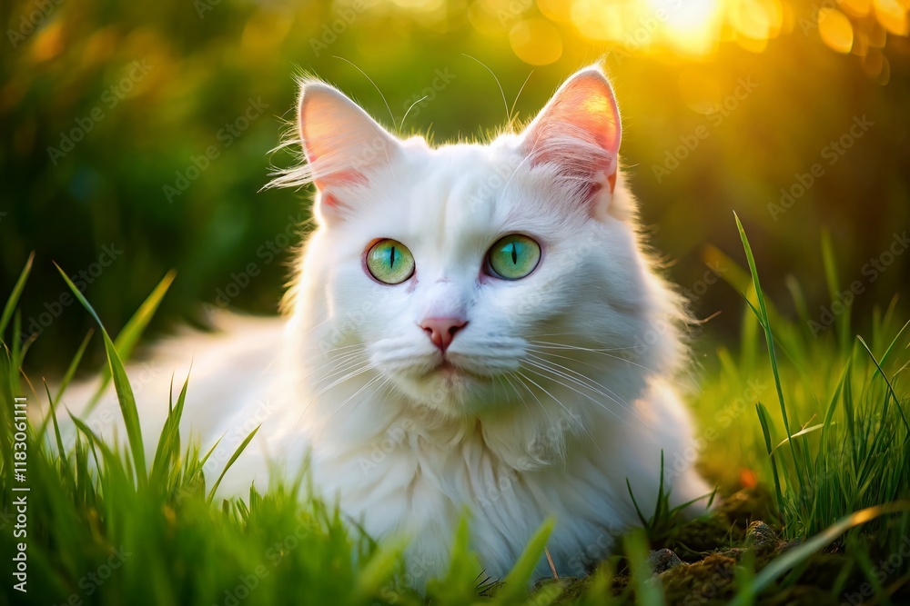 Long Exposure: White Cat with Heterochromia, Serene Gaze, Green Grass Long Exposure: White Cat with Heterochromia, Serene Gaze, Green Grass
