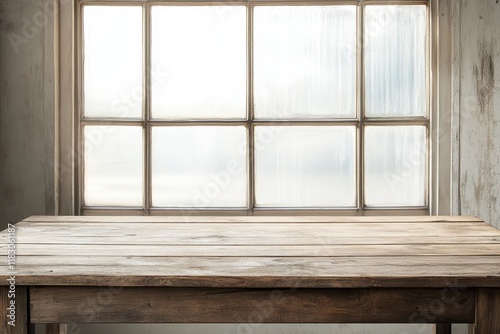Rustic wooden table near window   bright  grunge background  product display