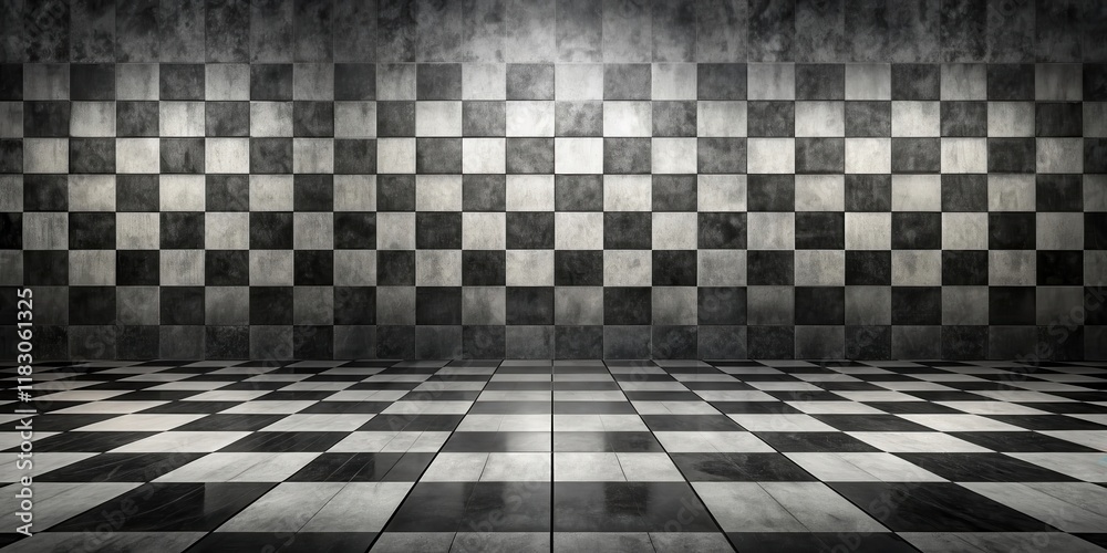 Naklejka premium A Dramatic Checkerboard Floor and Wall Interior Scene