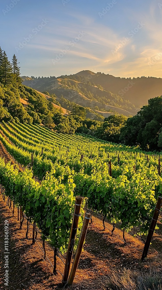 Fototapeta premium Vineyard rows glisten in golden light on a hillside at sunset