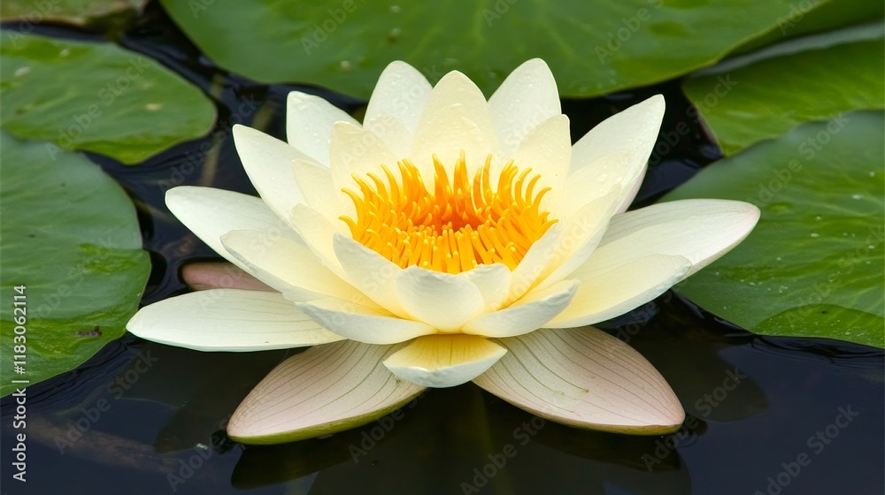 Serene White Water Lily Blossom in Pond Setting Serene White Water Lily Blossom in Pond Setting
