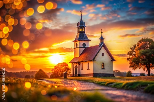 Lovasbereny Church, Hungary: Romantic Bokeh Evening Photography photo